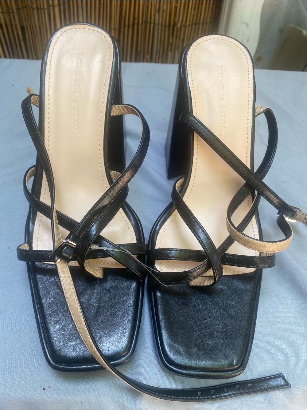 Princess Polly Black Strappy Square-Toe Block Heels with Beige Insole